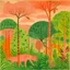 Placeholder: A light rosy orange rainforest with jaguars painted by Paul Klee