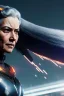 Placeholder: Middle age female Cyborg anime warrior, gray hair with dark blue hair, ponytail hairstyle, orange eyes, waist up portrait,4k resolution, intricate details, ornate details, soft lighting, vibrant colors, retroanime, masterpiece, intricate eyeliner, dark eyeshadow, futuristic cityscape background