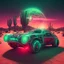 Placeholder: cyborg car in a desert , picture in synth style with red neon sun and bioluminescent green web