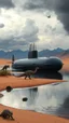 Placeholder: A nuclear submarine side view appeared in the desert on a little lake with sands T rex dinosaurs are in it and around it and stormy clouds , and some mountains in the distance background