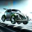 Placeholder: jet-fighter vw-beetle genetically spliced, retrofuturistic, phototrealism, in flight, one subject,