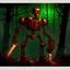 Placeholder: 90's TCG art retro fantasy art of rusted skeleton robot with laser gun