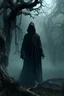 Placeholder: a strange dark hooded shadow standing in front of a scary tree without leaves . its skin is covered in moss and lichen, allowing it to blend seamlessly into its surroundings. Forest Spirits feed on the energy of trees and can create thick fog to confuse their victims.