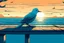 Placeholder: Create an illustration of a bird with a broken wing lying limp on the edge of the pier and looking at the view of the sea and sunset. Make it sad vibe and aesthetic. Make it more sad