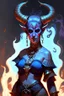 Placeholder: A full body image of this tiefling woman she has fire powers, she is floating she has lots of jewelry and the horns of a ram