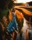 Placeholder: wide angle long shot of golden wheat field next to river ,a watermill on river, a beautiful girl in pretty long dress walking in