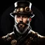 Placeholder: On a black background, in the center, there is a man with a beard wearing Steampunk attire and a cool hat. Behind the person, there is a subtle glow, creating a captivating effect.