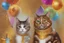 Placeholder: beautiful composition, cat birthday party with cake, watercolor and ink, golden glitters in ochre in sunshine