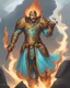 Placeholder: An iranian commander with flaming eyes with flaming light blue pupils with stubble An armor made of a mixture of steel and leather, worn by a strong commander with magical power stands atop a squire