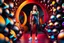 Placeholder: beautiful lady with todays modern clothing and sport shoes, in surreal stage made of fractal random size spheres with helical strip colors in clothing similar to environment full body posing to camera,animating background metallic random color cubes