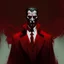 Placeholder: a sinister figure wearing a red suit and a priest's collar with no face and dirty slicked back hair