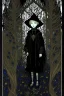 Placeholder: 7 year old boy, friendly, looks dead, with weird mushrooms growing out of him, wearing black robes, in the style of Harry Clarke