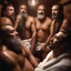 Placeholder: close up photography of a group of turkish and marocan 42 years old ugly chubby muscular men embraced, manly chest, covered with the towel at the hip, long beard, shaved hair, photorealistic, manly legs, manly arms, sitting in a steamy sauna, clouds of steam, side light