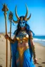 Placeholder: A picture of a blue faced Indian goddess with skin painted blue, wild black hair, stag horn antlers, elven ears, golden skirt, holding a staff on a sunny beach