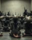 Placeholder: aliens prisoners sitting and bowing hands on the floor, hands are tight to the back and heads with many arms guards with weapons in the background