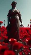 Placeholder: statue of justice in a field of red poppies.cinematic