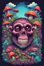 Placeholder: Psychedelic monkey skull looking high and grinning, surrounded by clouds and overgrown with psychedelic mushrooms. Digital drawing. Colorful. t-shirt design. Cartoon. Digital cartoon. Mid detailed