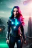 Placeholder: Futuristic soldier, physically fit, latex and leather attire, green hair, blue eyes, intricate eyeliner, vibrant eyeshadow, clear completion, soft lighting, 4k resolution, intricate details, insanely detailed, colorful cityscape background, masterpiece, expert, cinematic smooth, retroanime style, realistic details, no helmet