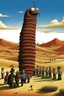 Placeholder: giant worm with pepe on the top smoking in the desert with small people around n the style of Hiroshi Nagai