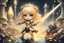 Placeholder: cute blonde chibi princess fighting with an ugly giant monster with a golden laser sabre, golden coin stacks, pond, in sunshine, H.R. Giger, anime, steampunk, surreal, watercolor and black in outlines, golden glitter, ethereal, cinematic postprocessing, bokeh, dof