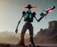 Placeholder: Alien, mech, vest, jellyfishsombrero, metal, holding gun, steel hands, strong, chest plate, holding rifle, pauldrons, pressurized cowboy boots, radium, neon