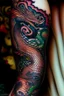 Placeholder: thigh stylized dragon tatoo, stylized snake tatoo wrapped in the things, leg focus, thigh focus