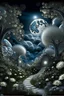 Placeholder: magic white silver landscape,night clouds,fairy-tale daisy house,stone path,layered trees with curlicues,fluffy flowers white voluminous daisies,radiance glow from inside op-art,black night,silver luminous full moon,curly clouds,silver stars,mysticism,fractals,grotesque,silver black,dark blue suspension,filigree drawing with ink and markers,airbrush,art nouveau,dark fantasy,dark botanical,color correction,volume,gloss,hyperrealism