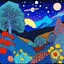 Placeholder: Colourful, peaceful, Max Ernst, Vincent Van Gogh, night sky filled with galaxies and stars, rocks, trees, flowers, one-line drawing, sharp focus, 8k, deep 3d field, ornate