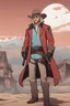 Placeholder: Slender male gunslinger in his thirties with blonde hair, light blue eyes, stubbly facial hair, smug, brown, and red clothes, Western background, RWBY animation style