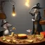 Placeholder: A Plague Doctor (AND) a Mouse having a port & cheese party while mushrooms grow beside them by Pixar and Dreamworks