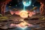 Placeholder: planet in the sky, trees, rocks, rocky land, puddle, sci-fi, landscape, mountains, galactic cosmic influence