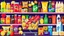 Placeholder: A design filled with various fruit juices, various chips, various types of Fanta, Coca-Cola, Sprite, various famous chocolates, a full shopping cart, packaged cheeses, butter, and pasteurized milk, in cheerful, vibrant, and eye-catching colors.