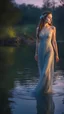 Placeholder: an enchanting water nymph emerging from a tranquil lake at twilight. Focus on the magical glow of the water, the subtle reflections, and the ethereal beauty of the nymph