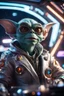 Placeholder: pen outline, really macho pimp gremlin ghost captain that go hard sitting in space station cockpit , in front of space portal dimensional glittering device, bokeh like f/0.8, tilt-shift lens 8k, high detail, smooth render, down-light, unreal engine, prize winning