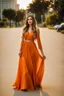 Placeholder: very beautiful ukrain lady wearing orange pretty maxi flared dress with hair silver crown ,standing idle pose