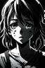 Placeholder: sad, numb, heartbroken, emotionless, black and white, disfigured anime girl with black background