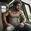 Placeholder: photography of a burly ugly beefy sicilian farmer 32 years old man sitting in the train, relaxing, in tank top and boxer, bulge, tattoo, broken teeth, serious, short beard, curly hairs , view from below, photorealistic, side lights, Ground-Shot Angle