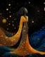 Placeholder: No corners drawing lines dots Kandinsky A full-body pretty African Asian moon goddess draped in flowing celestial fabric walks on water beneath a glowing full moon. Her gown unfurls like clouds, catching starlight and golden dust in the night air. The scene is surreal and divine, with painterly textures and a balance of shadow and illumination vertical Award winning imagery trompe l'oeil 3D surrealism masterpiece of Odilon Redon's dreamlike surrealism. kintsugi painting of abstract squares creat
