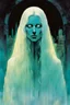 Placeholder: create an imaginative print illustration of the pale translucent ghost of an ancient female Oracle with finely detailed hair and feminine facial features, in the city of the dead , in the comic book art style of Bill Sienkiewicz, Mike Mignola, and Jean Giraud Moebius, finely textured, drawn, colored, and inked, suffused with dark foreboding shadows