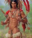 Placeholder: Guaicaipuro, native american god warrior, long black hair, big muscles, red feathers headdress, shirtless, holding a stone tip spear