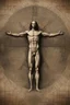 Placeholder: Human – Language – Computer. Leonardo da Vinci's Vitruvian man against the background of the matrix and the crumbling ones and zeroes. close-up of the surrounding area. Solid science fiction, high resolution