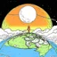 Placeholder: Draw me a drawing with a flat earth and a sun rising with a view of space