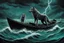 Placeholder: A giant lumbering grey wolf attacks a tiny boat in a stormy sea, a dark, ominous image, black, turquoise (a little closer to green) and white colours, rain, wind, lightning, dynamic, surreal. And a cat. Definitely a cat.