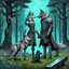 Placeholder: digital art from the side a tall dark gray body hair anthropomorphic man wolf with pale gray body hair anthropomorphic female wolf carry together in their paws a short heavy iron blacksmith's anvil take in a blue-green meadow, in the background dark trees with huge trunks, rainy day, high contrast, high detail, atmospheric, dark fantasy, sci-fi atmosphere, cinematic