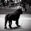 Placeholder: At midnight, a big and brutal dog is barking at strangers in a city.