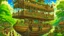 Placeholder: steampunk gipsy caravan crossed with a boat flying high over a jungle with platforms, verandas, and people, intricate