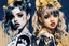 Placeholder: Poster in two gradually, a one side the Singer Danish MØ face and other side the Singer Melanie Martinez face, painting by Yoji Shinkawa, darkblue and gold tones,