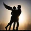 Placeholder: [silhouette, back lighting] Jacob wrestling with angel, standing in front of a bright sun