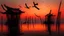 Placeholder: Large birds fly between long, fragile bamboo pillars that support dilapidated cabins in uncertain balance, over a calm sea where small fishing boats work, in an atmosphere of reddish sunset