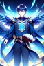 Placeholder: a person in runic armor with blue wings, blue short hair, runic tattoo and spell book, male